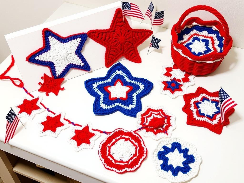 Patriotic crochet decorations in red, white, and blue Patriotic crochet decorations in red, white, and blue
