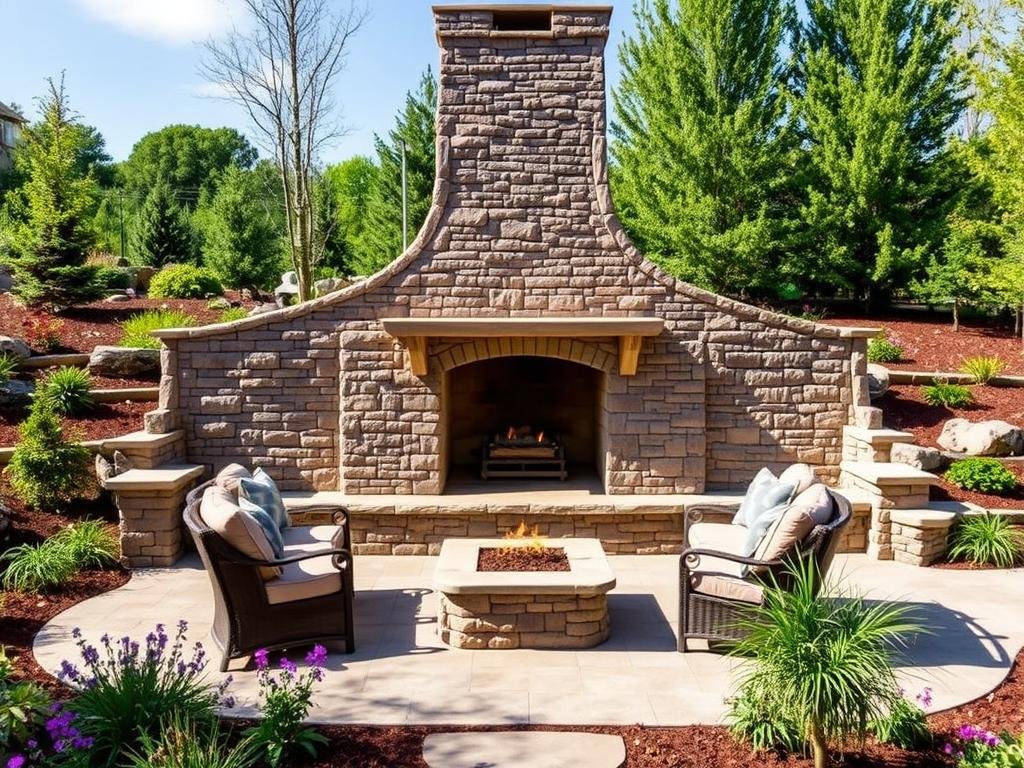 Permanent built-in stone outdoor fireplace with seating area and landscaping