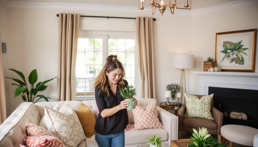 Person adding final touches to a beautifully decorated room with simple decor elements