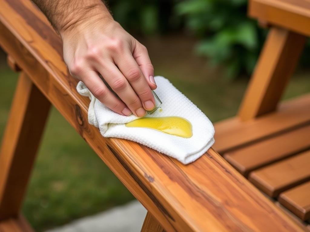 Person applying protective oil to wooden outdoor furniture