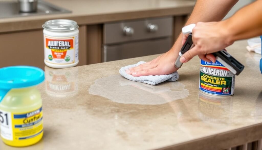 Person applying sealer to concrete outdoor kitchen countertop