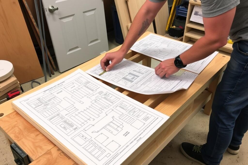 Person building an outdoor coffee table following printed plans