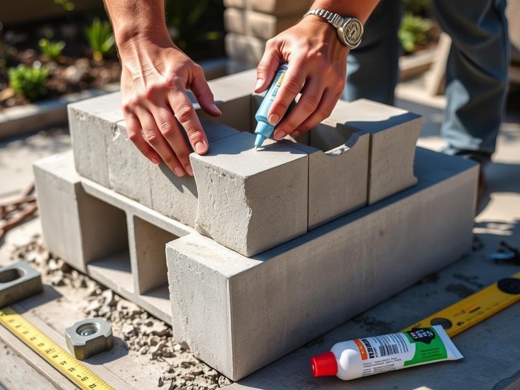 Person building base structure with concrete blocks for outdoor kitchen Person building base structure with concrete blocks for outdoor kitchen