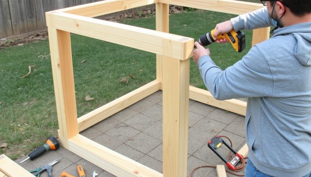 Person building outdoor kitchen frame