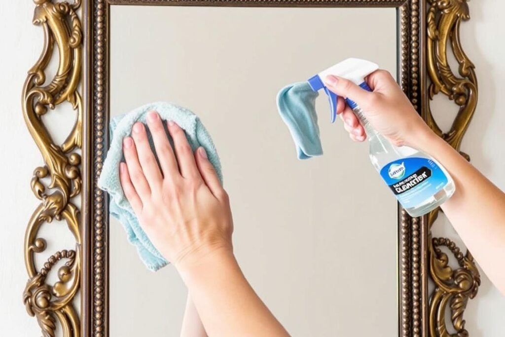 Person cleaning a wall mirror with proper supplies Person cleaning a wall mirror with proper supplies