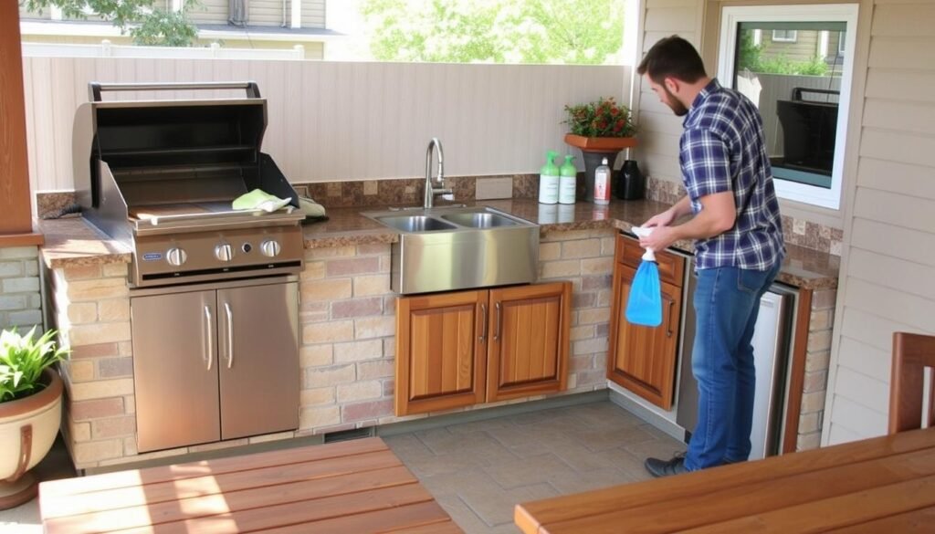 Person cleaning an outdoor kitchen patio with appropriate cleaning supplies for different surfaces