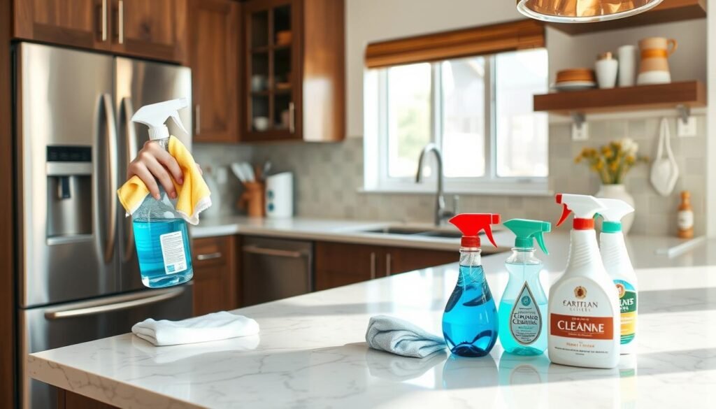 Person cleaning and maintaining a newly remodeled kitchen with proper supplies Person cleaning and maintaining a newly remodeled kitchen with proper supplies