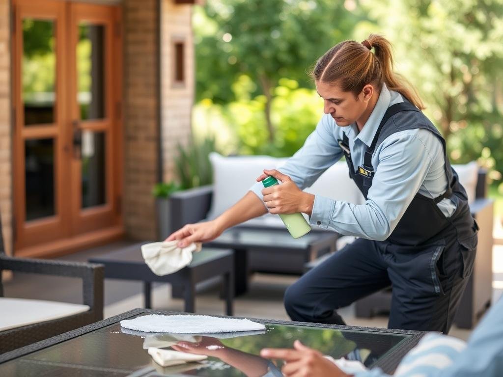 Person cleaning and maintaining outdoor furniture