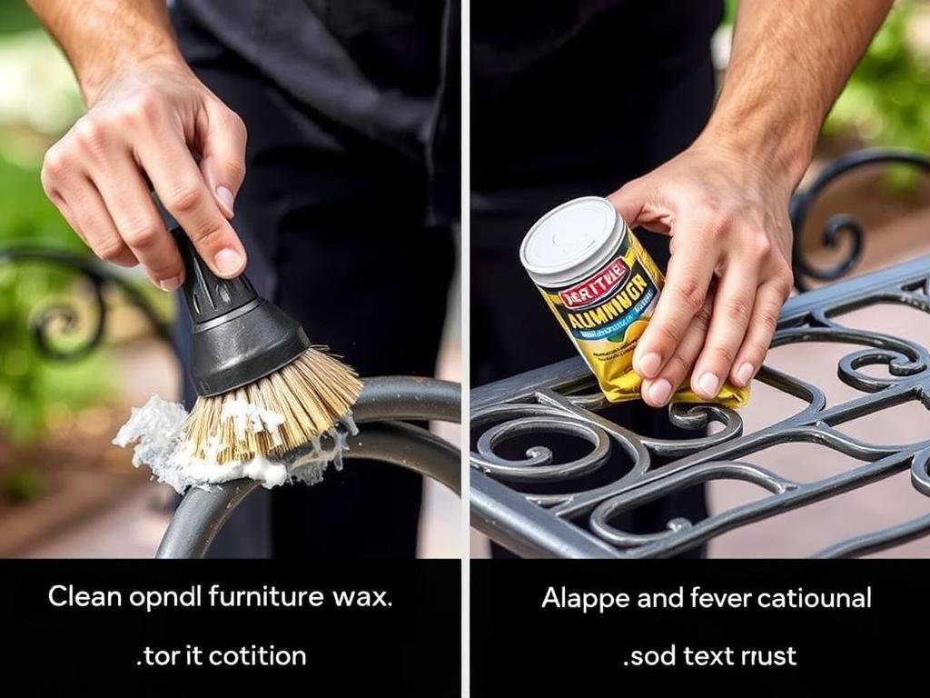 Person cleaning and treating metal outdoor furniture