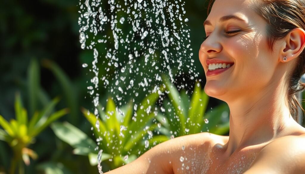 Person enjoying a refreshing outdoor shower surrounded by nature