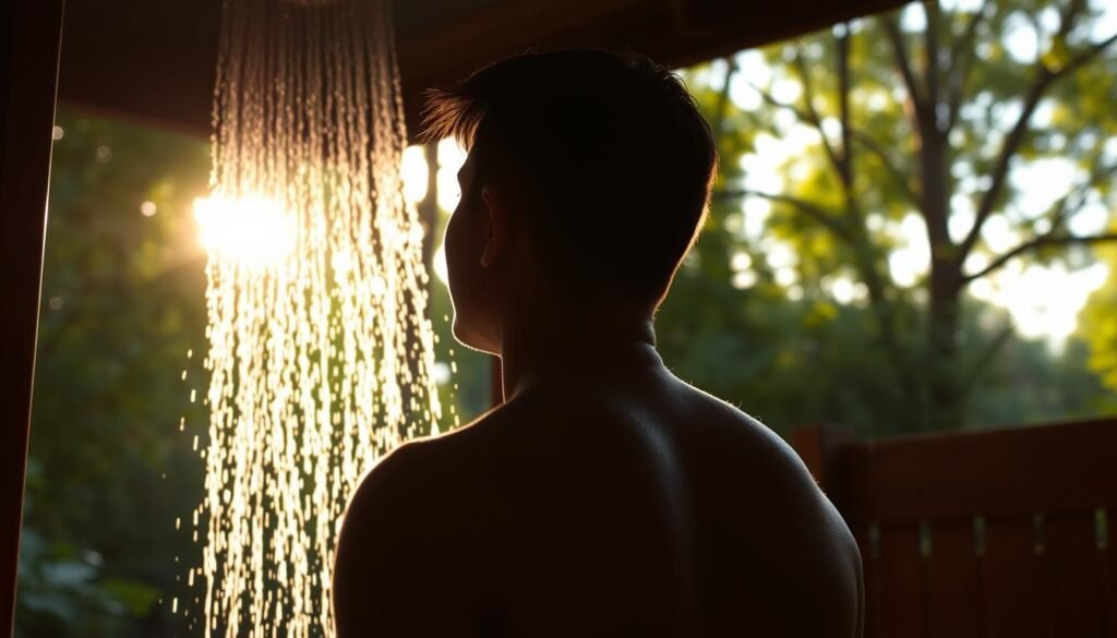 Person enjoying outdoor shower with sunlight filtering through trees