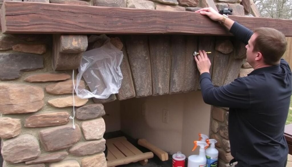 Person maintaining a rustic outdoor fireplace by cleaning and inspecting it