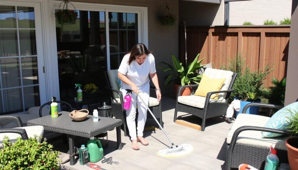 Person maintaining outdoor living space by cleaning furniture and caring for plants