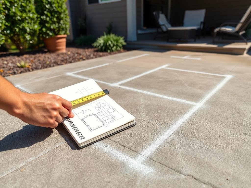 Person measuring and marking outdoor space for kitchen installation Person measuring and marking outdoor space for kitchen installation