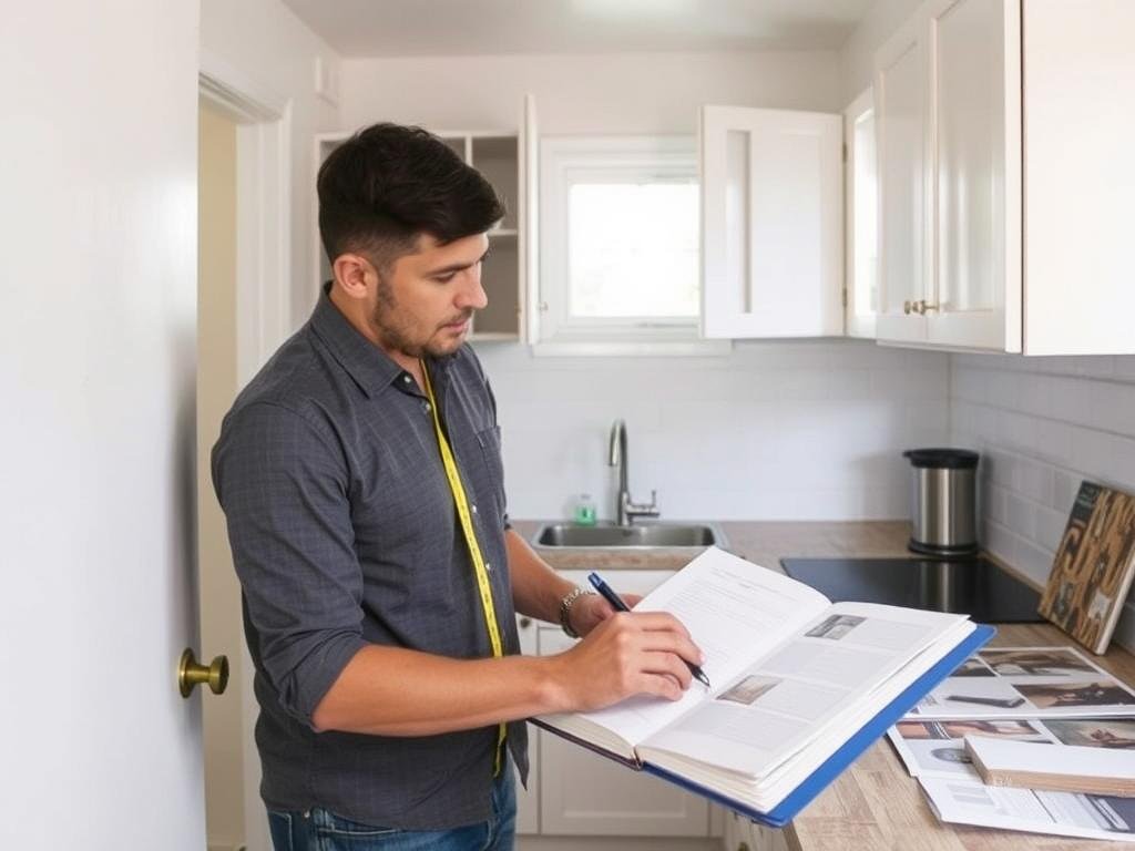 Person measuring and planning a small kitchen remodel with tape measure and notebook Person measuring and planning a small kitchen remodel with tape measure and notebook
