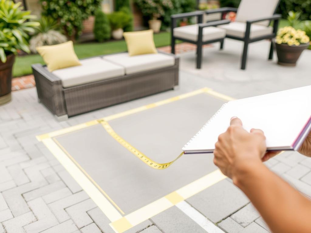 Person measuring outdoor patio space for furniture planning