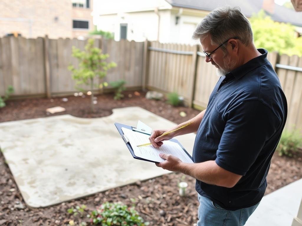 Person measuring outdoor space with tape measure and taking notes