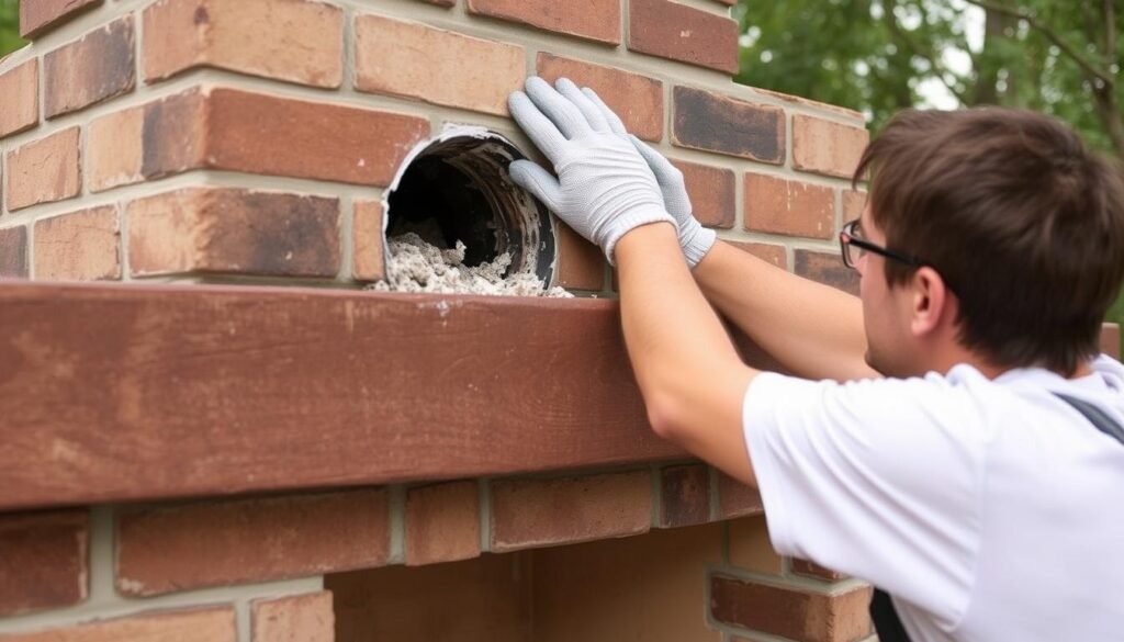 Person performing maintenance on a DIY outdoor fireplace