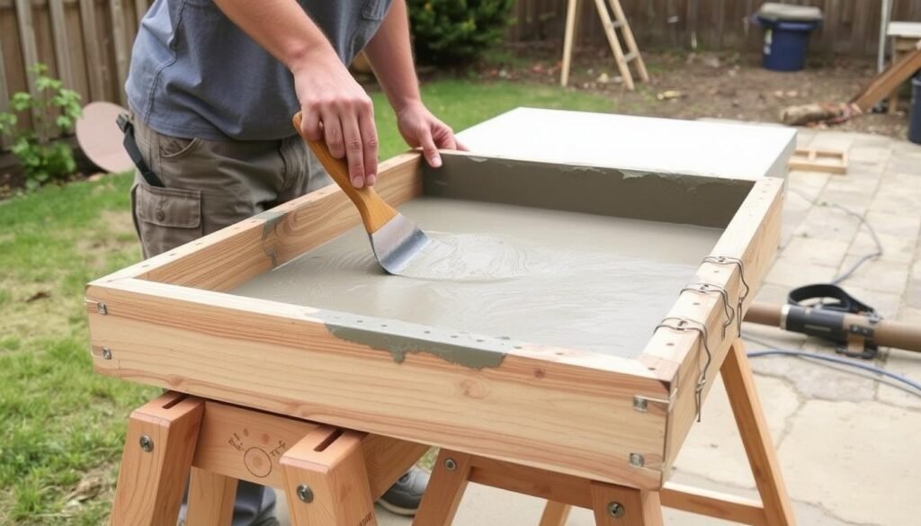 Person pouring and smoothing concrete into a wooden form to create an outdoor kitchen countertop