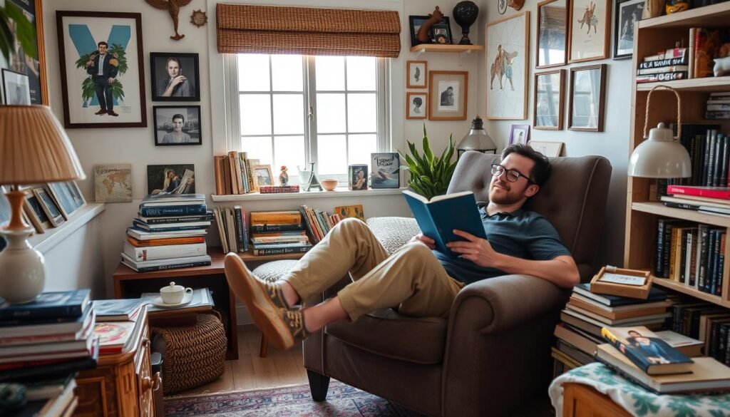 Person relaxing in their personalized cozy space that reflects their unique style Person relaxing in their personalized cozy space that reflects their unique style