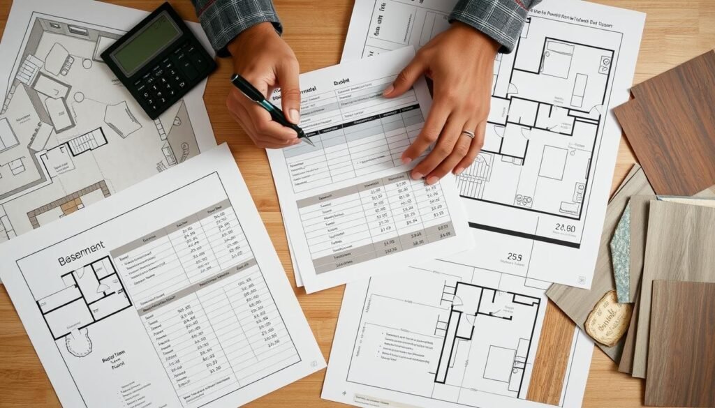 Person reviewing basement remodel budget and plans Person reviewing basement remodel budget and plans