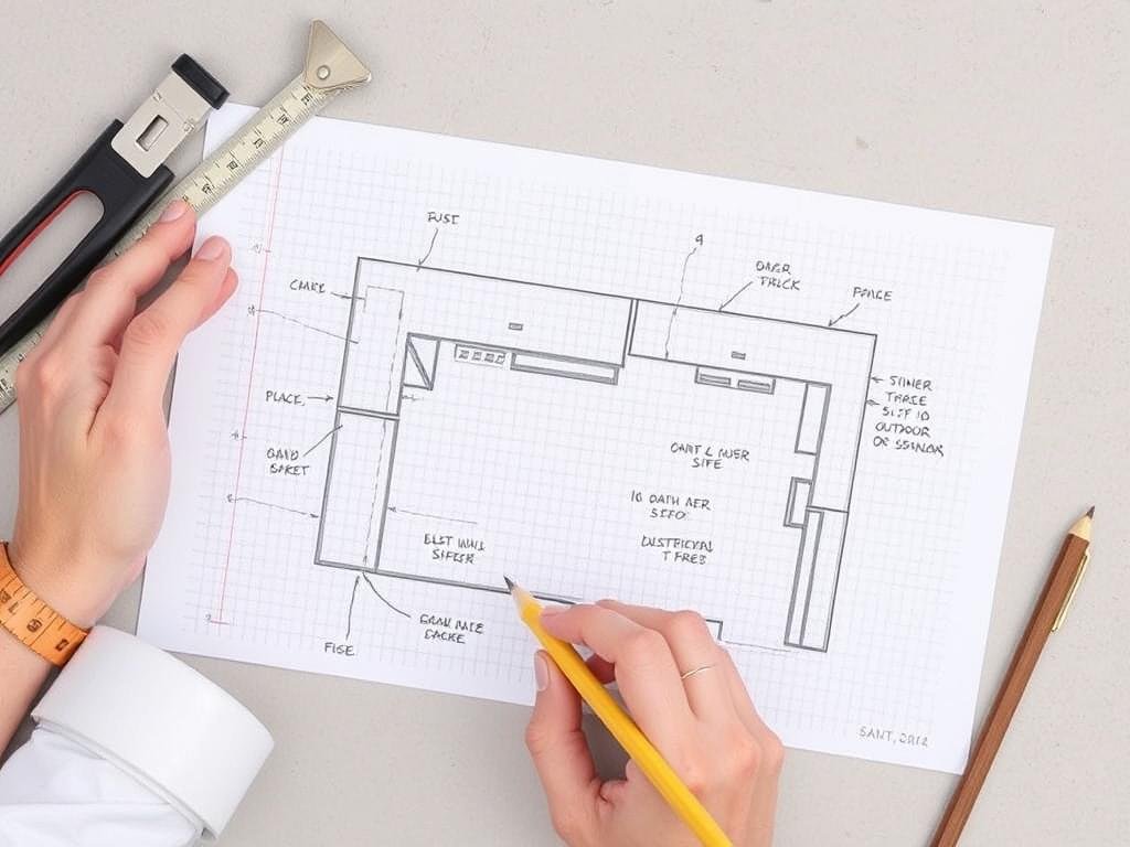 Person sketching outdoor kitchen layout on paper