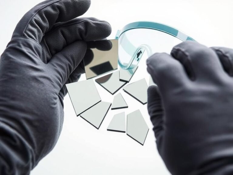 Person wearing safety gloves and goggles while handling broken mirror pieces