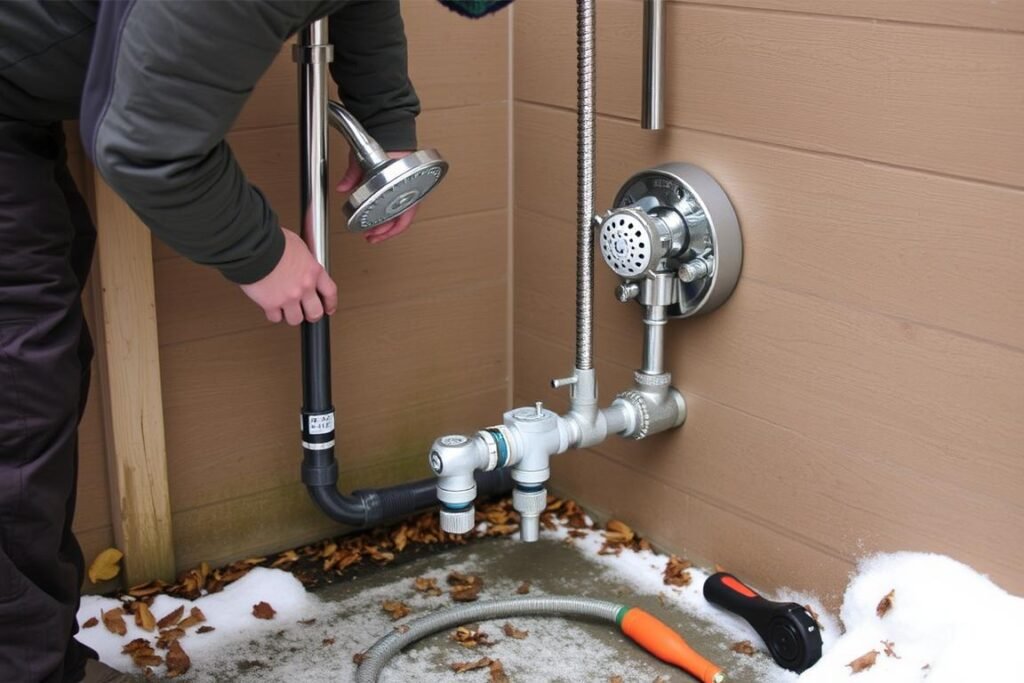 Person winterizing outdoor shower by draining pipes and covering fixtures
