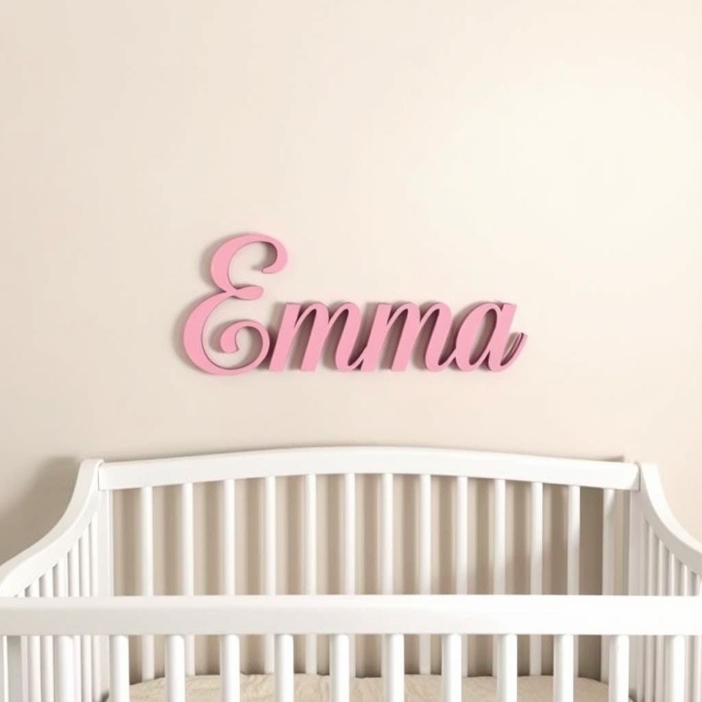Personalized baby name sign mounted on nursery wall above crib