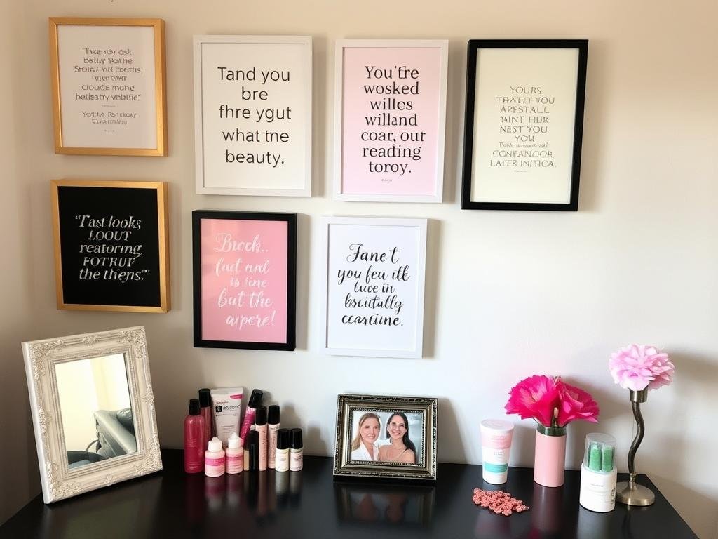 Personalized beauty room with framed quotes and meaningful decor items