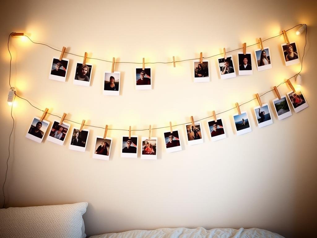 Photo clothesline display with mini clothespins and fairy lights Photo clothesline display with mini clothespins and fairy lights