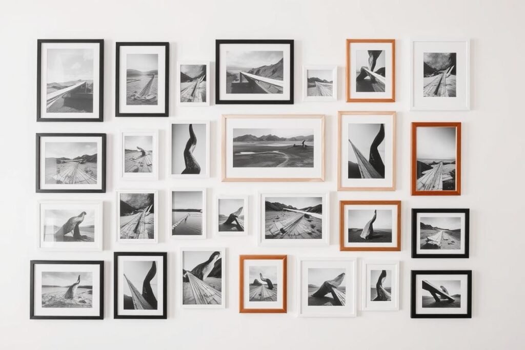 Photo wall collage with mix of framed and unframed pictures in a cohesive arrangement