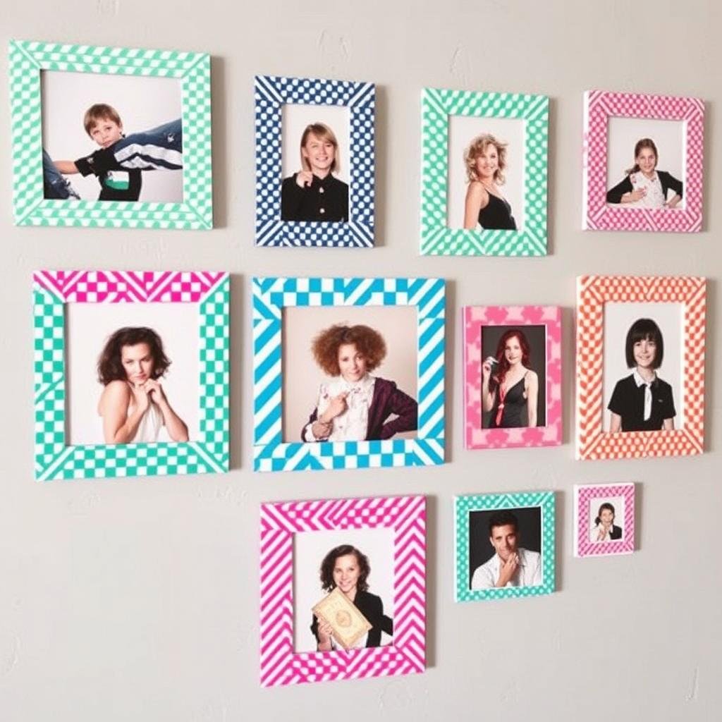 Photos on wall with colorful washi tape frames around them Photos on wall with colorful washi tape frames around them