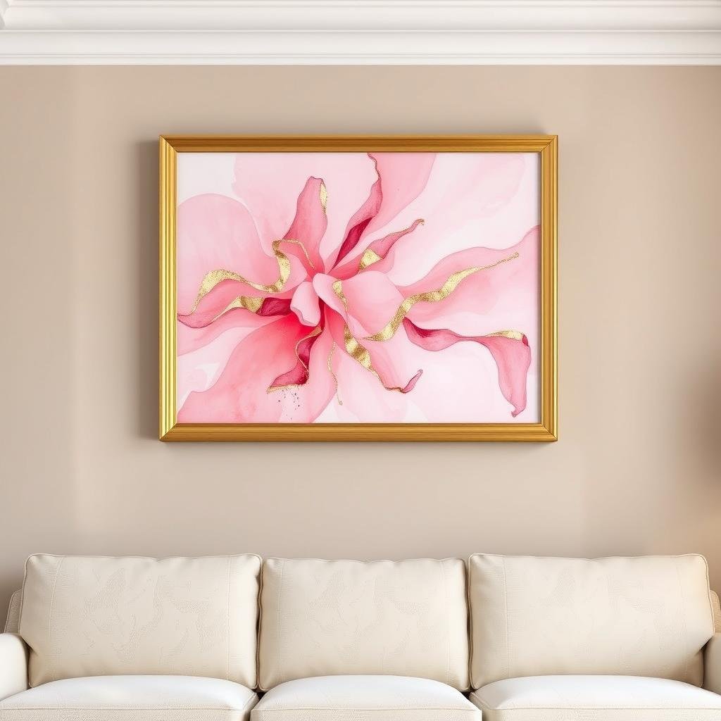 Pink abstract wall art in a gold frame above a sofa