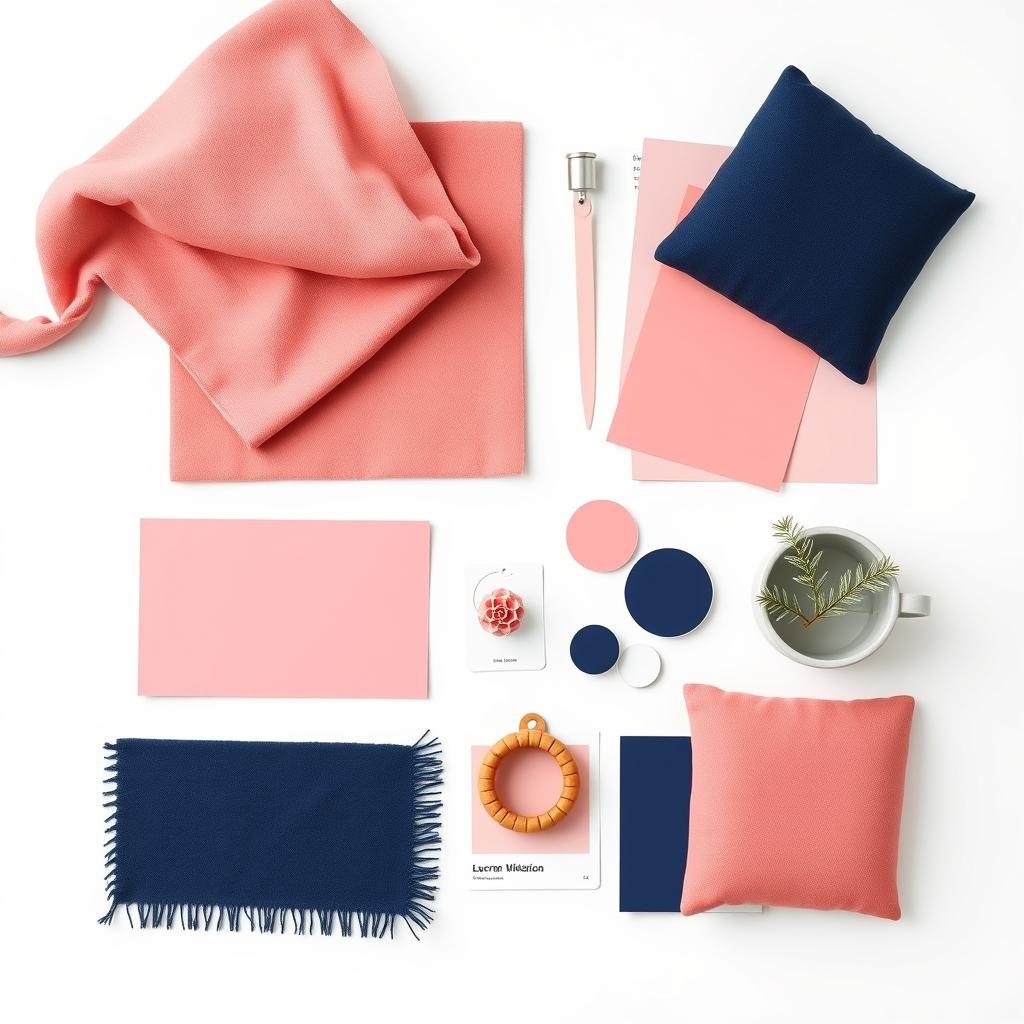 Pink and navy blue color palette with textile and paint samples