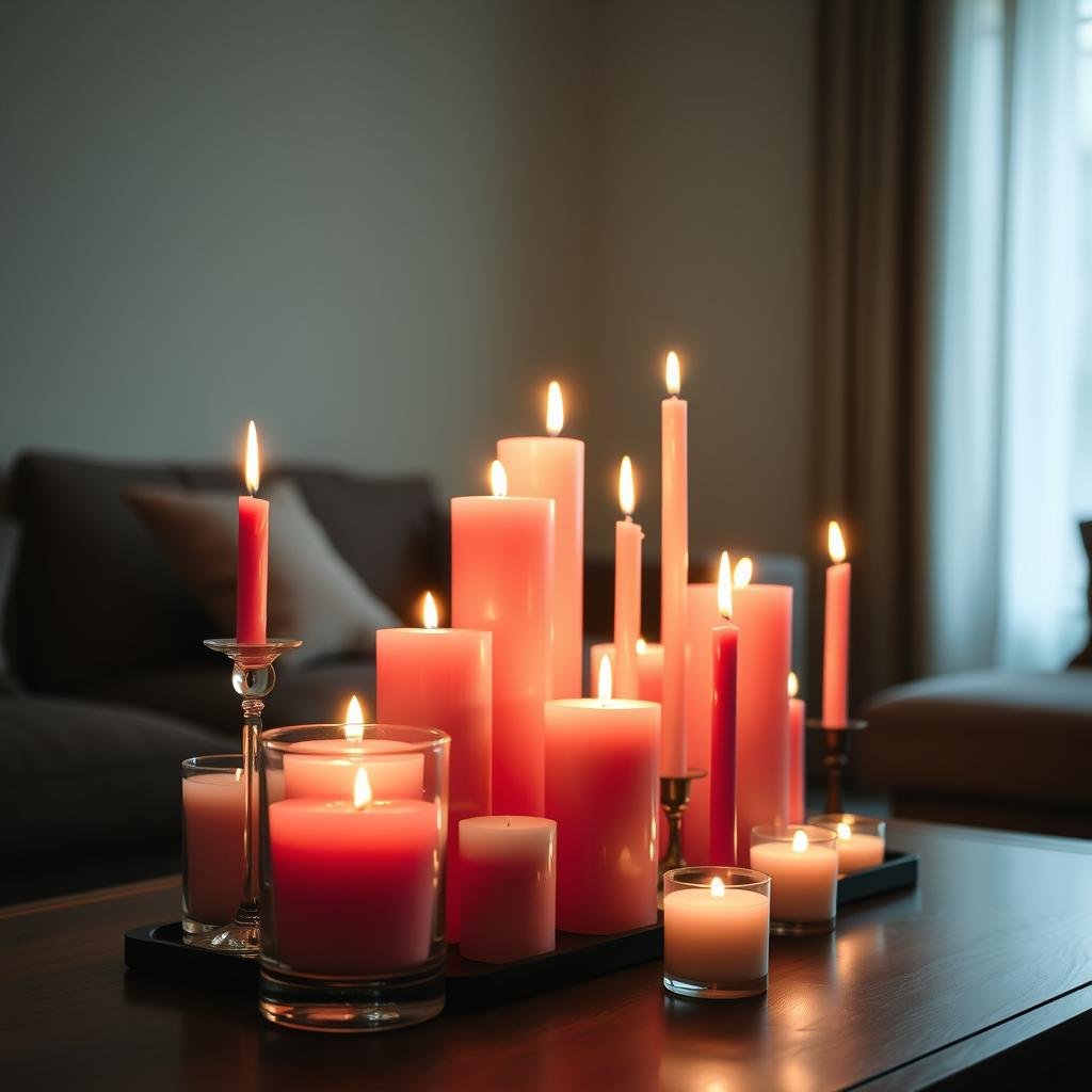Pink candles creating a warm, intimate glow on a coffee table