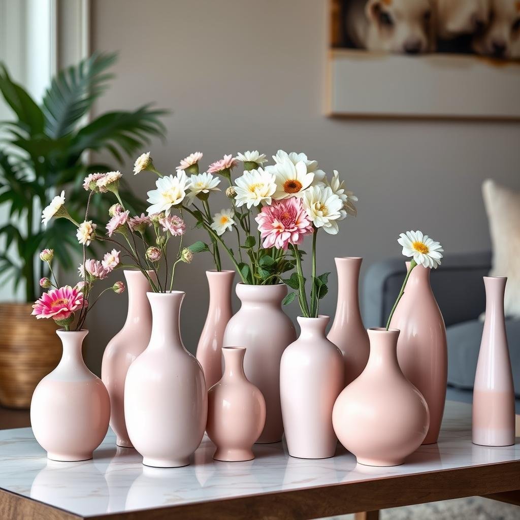 Pink ceramic vases with fresh flowers on a coffee table