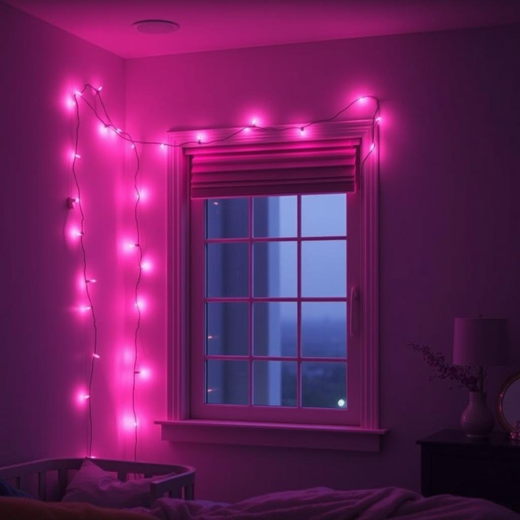 Pink string fairy lights creating a magical atmosphere in a bedroom