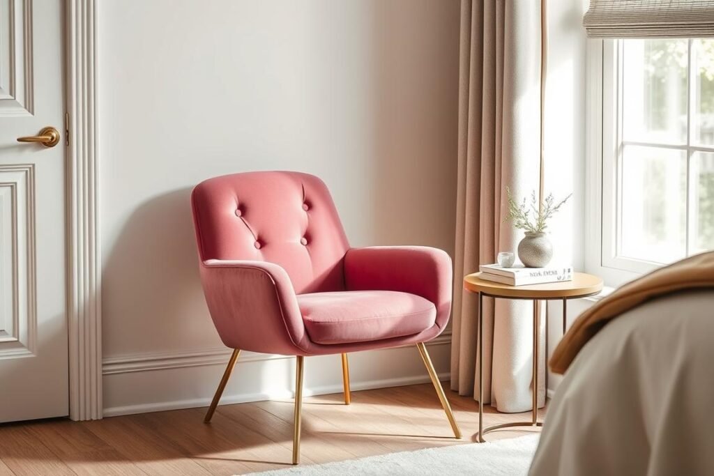 Pink velvet accent chair with gold legs in a bedroom corner