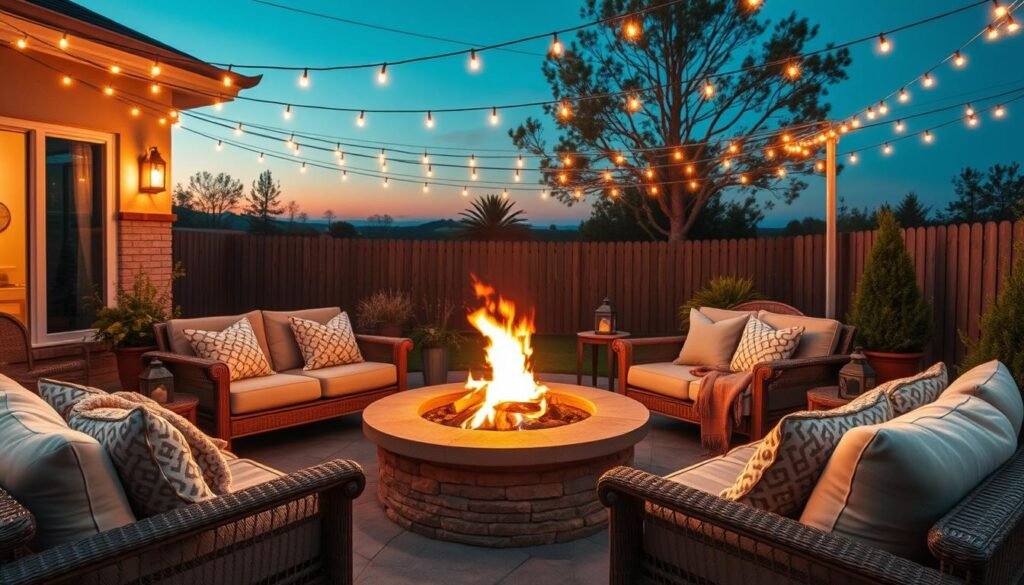 Pinterest-worthy outdoor fire pit area with string lights and cozy details