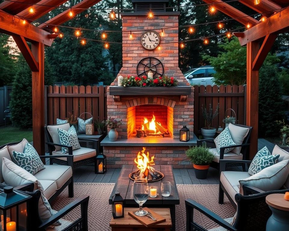 Pinterest-worthy outdoor fireplace setting with string lights and comfortable seating