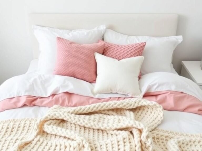 Plush dorm room bedding with multiple textured pillows and a soft throw blanket