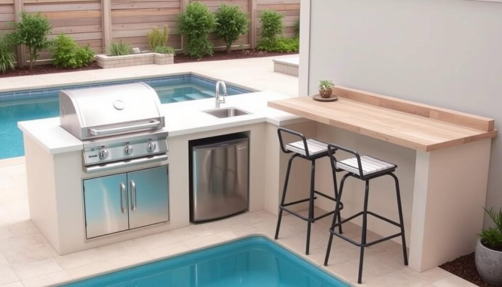 Poolside L-shaped small outdoor kitchen design