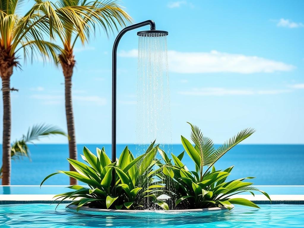 Poolside freestanding outdoor shower with curved design and tropical plants