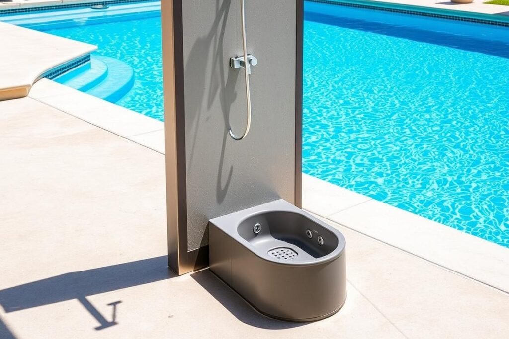 Poolside freestanding outdoor shower with foot washing station