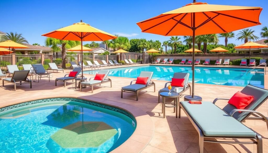 Poolside furniture arrangement with lounge chairs, side tables, and umbrellas Poolside furniture arrangement with lounge chairs, side tables, and umbrellas