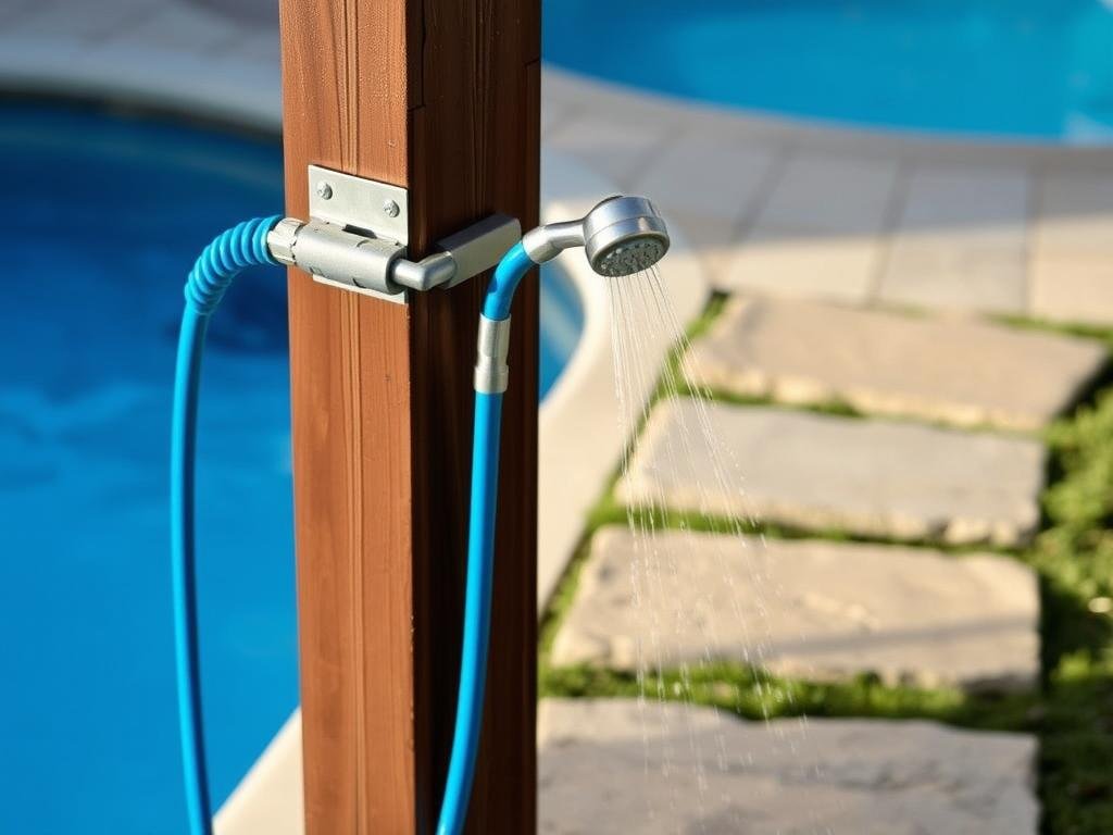 Poolside garden hose shower with simple mounting bracket