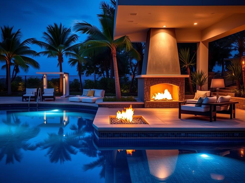 Poolside outdoor fireplace creating a luxury resort atmosphere