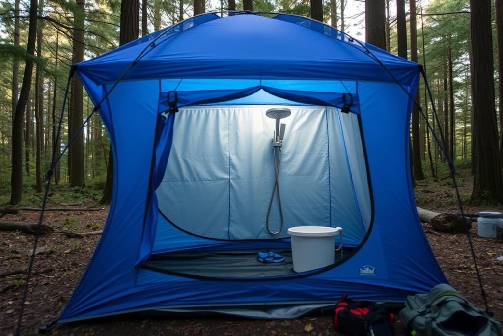 Pop-up privacy tent with portable shower inside for camping