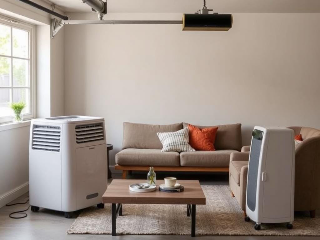 Portable air conditioner and space heater in converted garage living room Portable air conditioner and space heater in converted garage living room